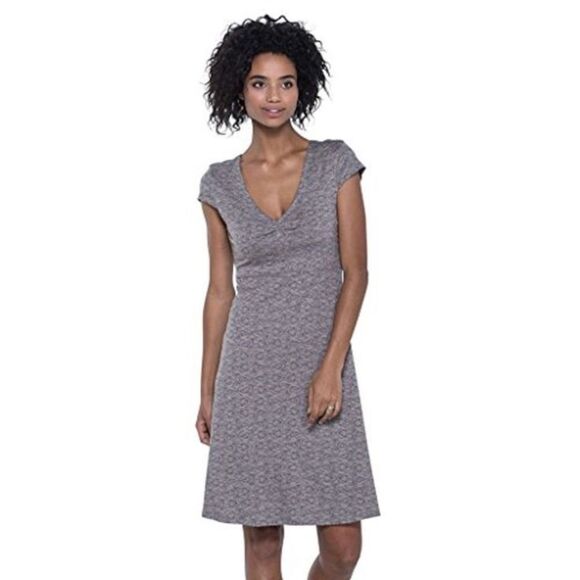 Toad&Co Rosemarie Cocoa Quito Line Print Activewear Dress V-Neck Medium Organic - Picture 1 of 7